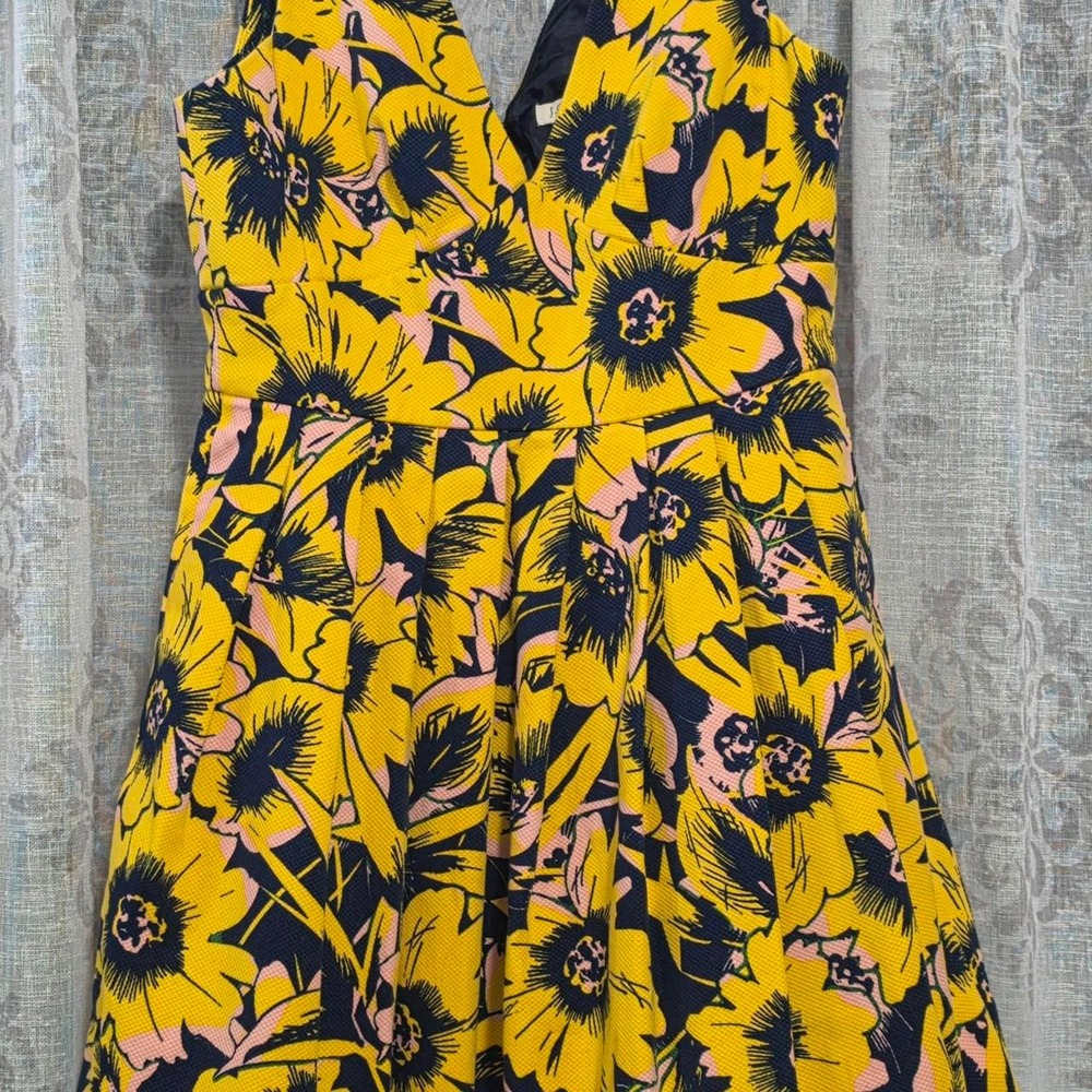 J.Crew Yellow Navy Blue Floral Pique Fit and Flare Dress C8272 FA 15 Sleeveless